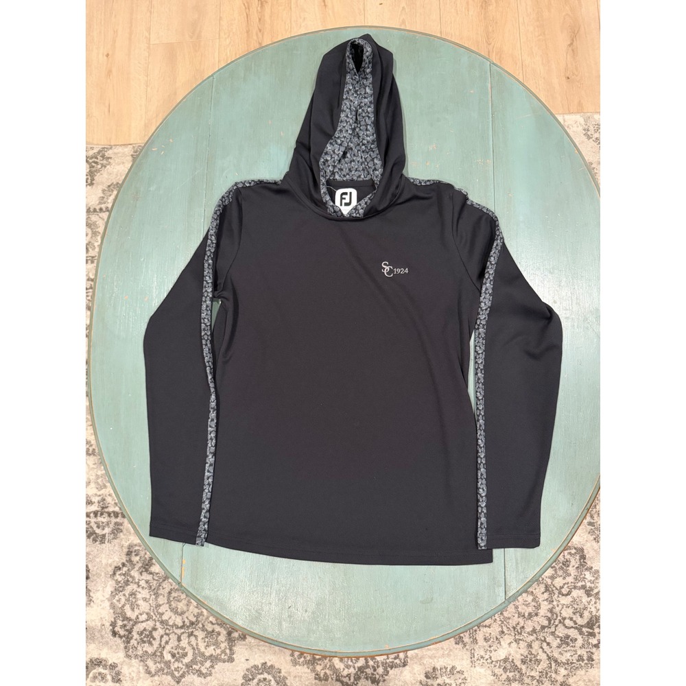 FootJoy Mens Small Black Performance Hoodie Leopard Trim Golf Pullover 27651